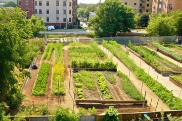 community garden or urban farming project, showcasing the importance of green spaces in urban areas and promoting sustainable food production - Generative AI