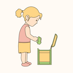 illustration of girl taking out trash, earth day celebration.