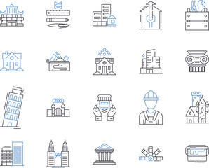 Houses and construction outline icons collection. Housing, Construction, Building, Dwelling, Architectural, Home, Real-Estate vector and illustration concept set. Residential, Estate, Developer linear