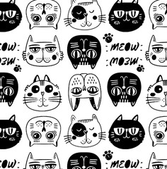Various cat face cartoons, seamless, hand drawn