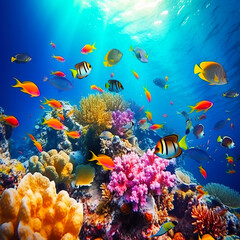 Fototapeta na wymiar Animals of the underwater sea world. Ecosystem. Colorful tropical fish. Life in the coral reef. Generative AI.
