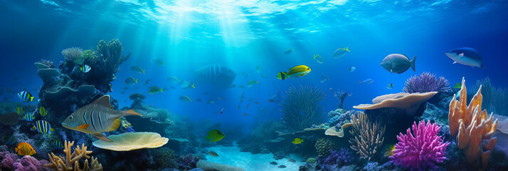 Plakat Animals of the underwater sea world. Ecosystem. Colorful tropical fish. Life in the coral reef. Generative AI.