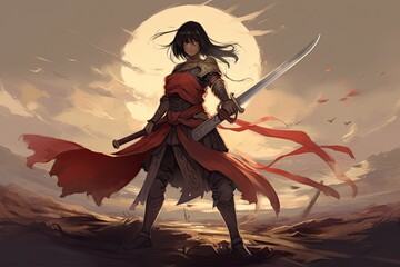 fantasy digital art depicting a sword-wielding anime female warrior. Generative AI - obrazy, fototapety, plakaty