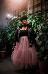 Fototapeta premium Generative AI illustration of plus size beautiful and happy black woman walking down the street with a pink tulle skirt