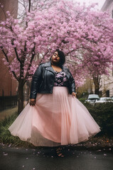 Fototapeta premium Generative AI illustration of plus size beautiful and happy black woman walking down the street with a pink tulle skirt