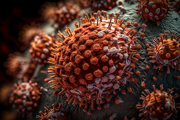 Naklejka na ściany i meble Generative AI illustration of the covid 19 Virus seen from an electron microscope with great realism