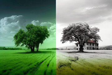 Generative AI illustration of One tree in the middle of a green field and then the other tree in the middle