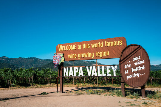 Welcoming billboard of Napa Valley in California against a blue sky