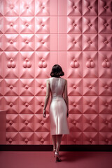 Generative AI illustration of Elegant and attractive 30-year-old woman with her back turned to a futuristic wall dressed in a luxurious leather dress