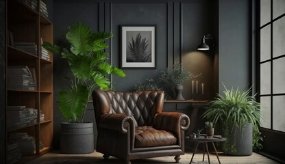 Fototapeta na wymiar With a leather armchair as its centrepiece and a dark background as its backdrop, this loft interior showcases a stunning blend of elegance and masculinity, generative AI