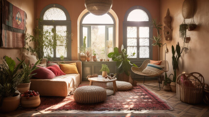 Bohemian Living Room with Warm Tones and Plants - ai generative
