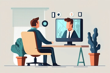 Job applicant receiving a video call for interview from office manager. Flat cartoon illustration generative AI