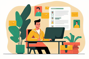 Employee sending follow-up email after an interview or updating his resume profile to attract potential employers. Flat cartoon illustration generative AI