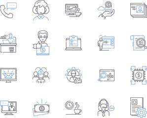 Enterprise work outline icons collection. Enterprise, Work, Management, Business, Projects, Employees, Services vector and illustration concept set. Solutions, Processes, Planning linear signs