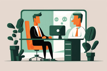Management worker conducts an interview with candidate checking his skills and experience for open job vacancy in company. Flat cartoon illustration generative AI