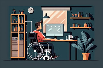 Wheelchair man working from home office. Employee in wheel chair at workplace using computer. Illustration generative AI