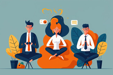 People practicing yoga meditation in office. Workers sitting in lotus position, resting and care about mental health, illustration generative AI
