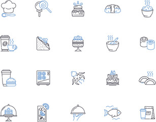 Meals outline icons collection. Food, Dish, Cuisine, Meal, Dinner, Lunch, Supper vector and illustration concept set. Breakfast, Snack, Recipe linear signs