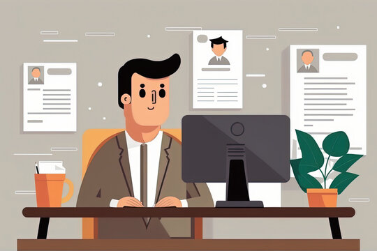Human resource manager reading application form from candidate for hire. Flat cartoon illustration generative AI