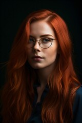 Fototapeta premium young woman with long red hair and glasses wears dark blue blouse created with Generative AI technology