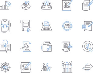 Office and managers outline icons collection. Office, Managers, Supplies, Employees, Documents, Organization, Technology vector and illustration concept set. Chairs, Desks, Administration linear signs