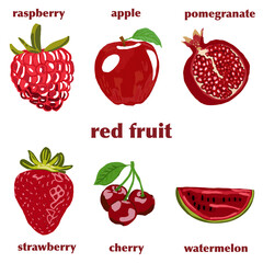 set of fruits and berries red fruits raspberry apple pomegranate strawberry cherry watermelon 