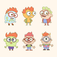 Set of cute little monsters kids in glasses with different eyes. Cheerful happy face emotions. Cartoon kids monsters outline. Vector illustration.
