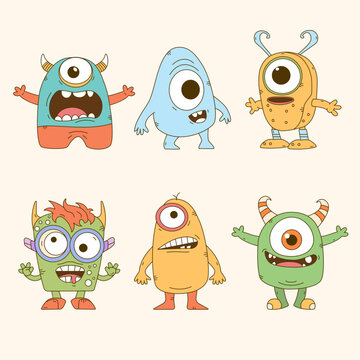 Cute Little Monsters set with different eyes. Cheerful happy face emotions. Cartoon monsters outline.