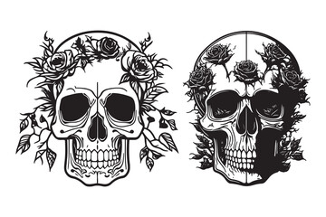 Skull With Rose Flower Black Outline Vector. Human skull with rose sketch drawing, tattoo vector illustration isolated on white background