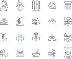 Houses and accomodation outline icons collection. Home, Accommodation, Residence, Abode, Lodging, Domicile, Dwelling vector and illustration concept set. Villa, Cottage, Mansion linear signs