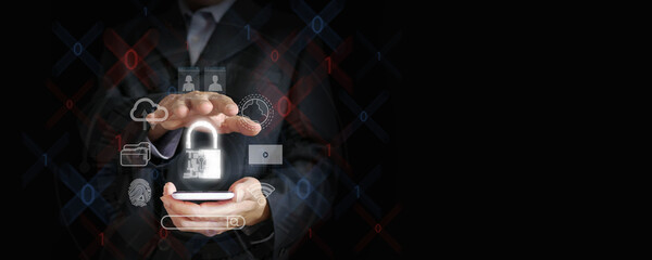 Secure Your Online World: A Businessman's Hand Wields a Smartphone with Virtual Padlock Icon and...