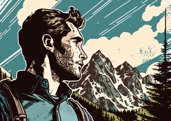 hiker with short hair and backpack in front of a big mountain created with Generative AI technology