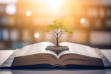 Education concept with tree of knowledge planting on opening big book and blurred. Generative AI
