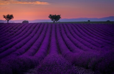 Scenic shot of the lavander field at sunset