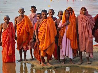 Naklejka premium Indian people with traditional sari dress near Ganges river. Ai Generative.