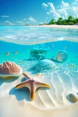 Fototapeten Starfish and seashells on seashore - beach holiday background. Generative AI. © innluga