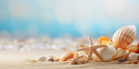 Starfish and seashells on seashore - beach holiday background. Generative AI. - obrazy, fototapety, plakaty