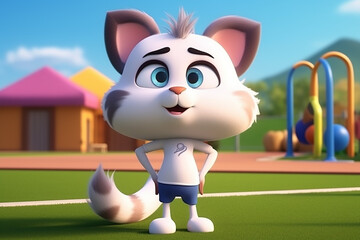 Cute cat character at sports ground. 3d cartoon style, Generated with AI.