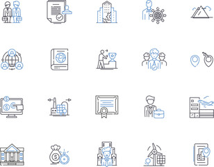 Government outline icons collection. Authority, Legislation, Bureaucracy, Democracy, Regulation, Rule, Security vector and illustration concept set. Economics, Politics, Law linear signs