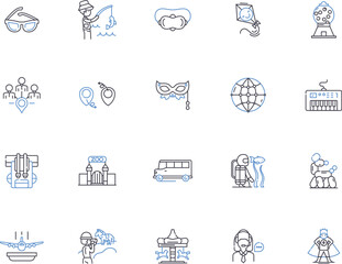 Budget travel outline icons collection. Cheap, Budget, Affordable, Frugal, Economic, Thrifty, Low-cost vector and illustration concept set. Discounted, Sightseeing, Touring linear signs