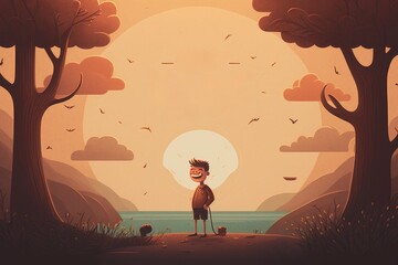 Boy in the woods at sunset