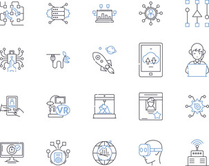 Automation tech outline icons collection. Automation, Technology, Robotics, AI, Machine Learning, Automated, Coding vector and illustration concept set. Software, Control, Processes linear signs