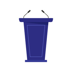 Blue vector stand with microphones, tribune, and a podium for speakers and debate. Vector illustration. Isolated on a white background.