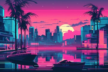 Obraz premium Retro futuristic synthwave retrowave styled night cityscape with sunset on background. Cover or banner template for retro wave music. Art illustration. Generative ai.