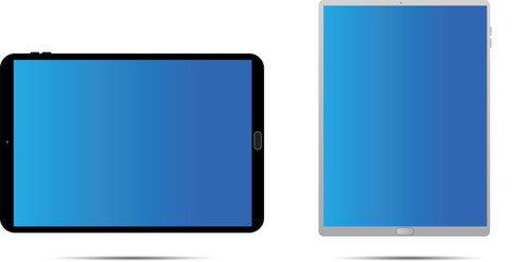 Black and white tablet computers mockups with blue screens isolated on the white background