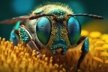 Macro shot of a bee, hard at work gathering nectar on vibrant yellow bloom. Generative AI
