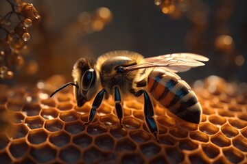 Bee diligently labor over honeycomb, a marvel of natural engineering. Generative AI