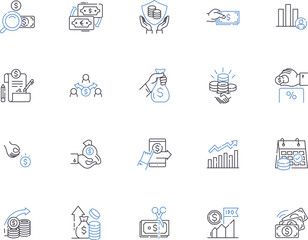 Investment outline icons collection. Investment, Fundraising, Stocks, Assets, Portfolio, Capital, Bonds vector and illustration concept set. Futures, Forex, Trading linear signs