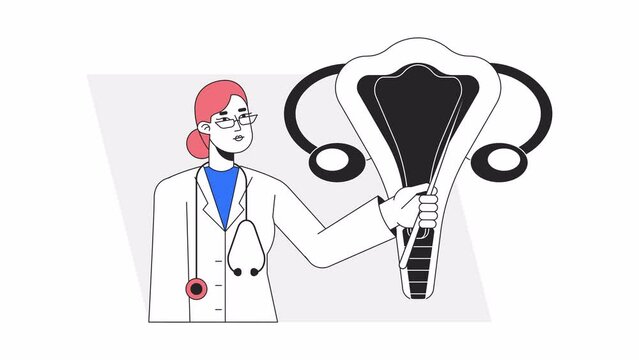 Gynecology doctor animation. Animated gynaecologist, obgyn 2D cartoon flat colour line character. Obstetrics specialist 4K video concept footage on white with alpha channel transparency for web design