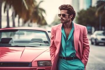 Retro wave vice Miami fashioned man near retro sport car. Sunset scene in Miami of 80's. Synth wave. Outrun Nostalgia Fashion Look Book. Generative ai. - obrazy, fototapety, plakaty